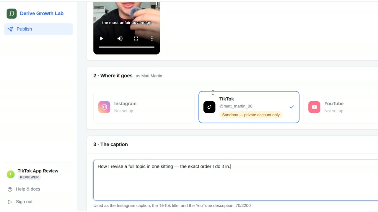 The Publish page: a selected video with its dimensions and duration, and the connected Instagram, TikTok and YouTube accounts to choose between.