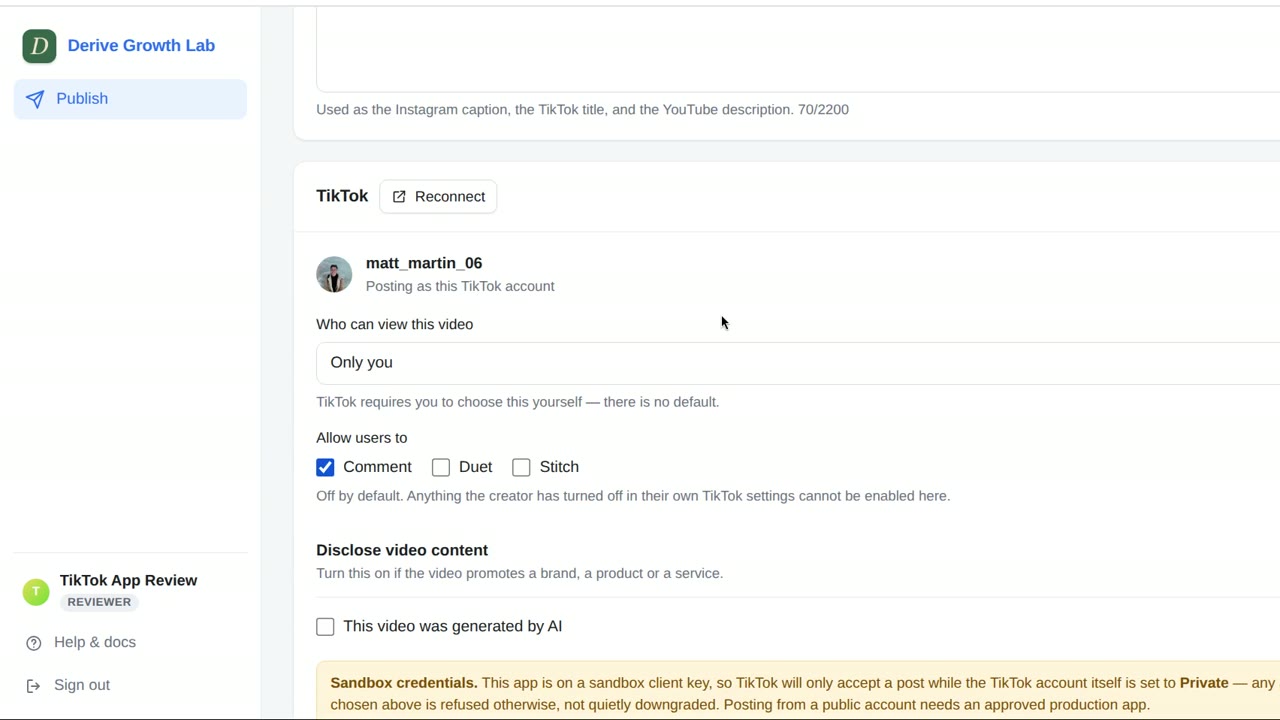 The TikTok section: the connected creator's avatar and nickname, an audience dropdown with no default, comment, duet and stitch toggles, and the commercial content disclosure.