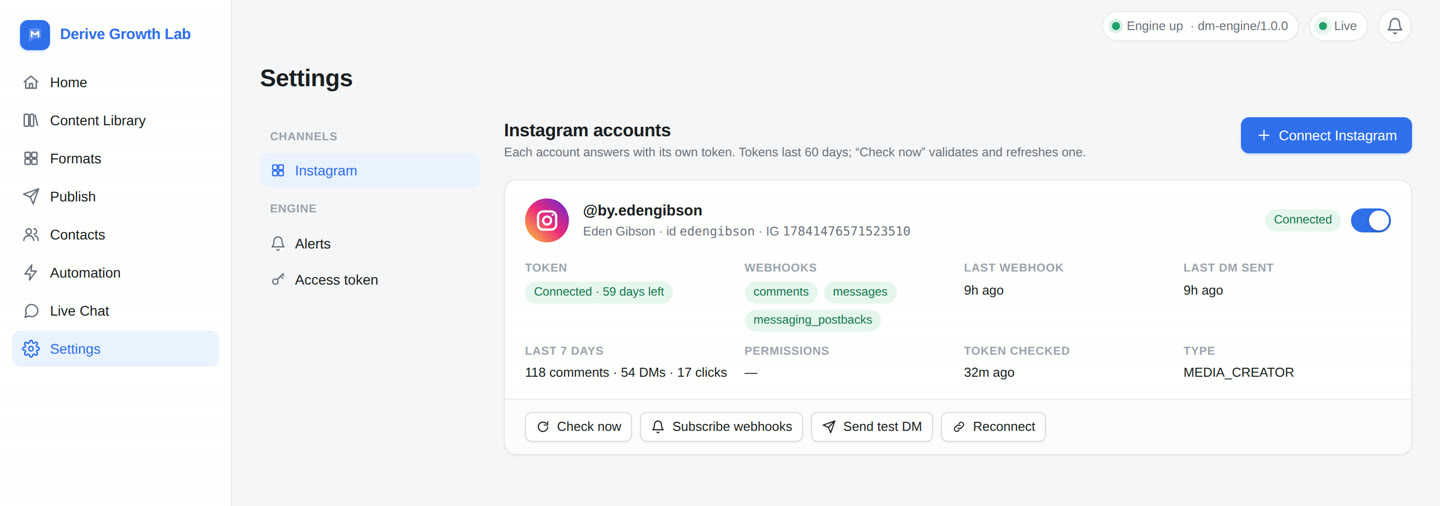 Growth Lab's Instagram settings: one connected professional account showing its Instagram user id, a token with 59 days left, the comments, messages and messaging_postbacks webhooks subscribed, and buttons to check the token, subscribe webhooks, send a test DM or reconnect.